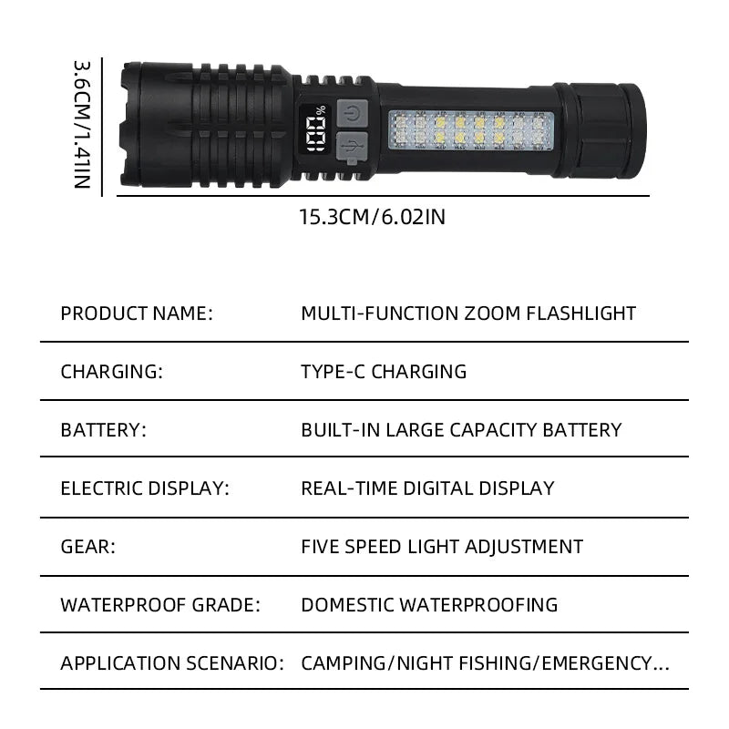 Rechargeable Zoom LED Flashlight with Side Light