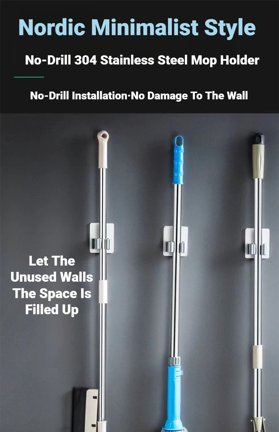 No-Drill Stainless Steel Mop Holder